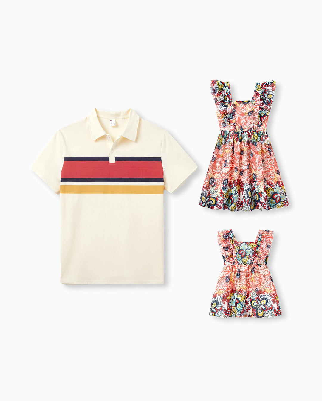 Daddy & Daughter Casual Outfit Colorblock Polo Collar T-shirt or Floral Print Flutter Sleeveless Dress Set Orange red