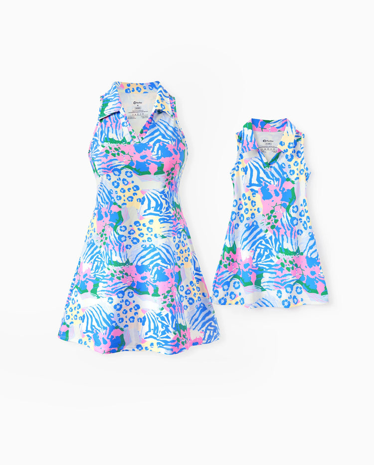 Matching Mommy and Me Resort Dresses Colorful Abstract Print Halter Collar Dress With Shorts, Chic Summer Vacation Outfits Multi-color