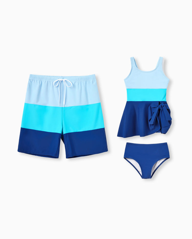 Papa & Tochter Colorblock-Badeanzüge Ein-Schulter-Badeanzug / Badeshorts-Set Blau