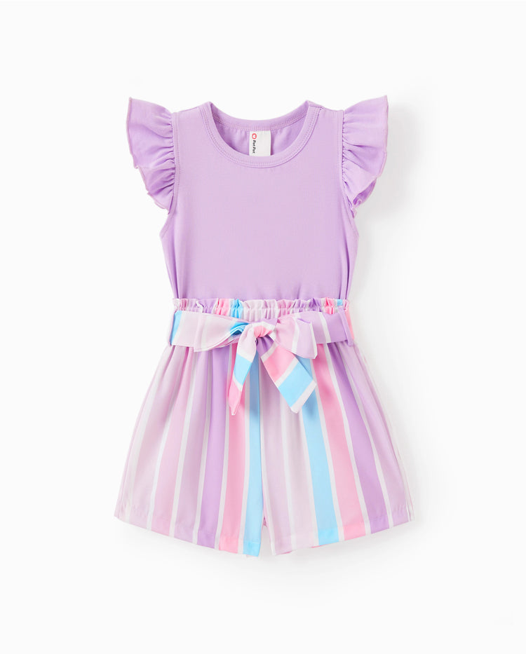 2pcs Toddler Girl Sweet Flutter-sleeve Tee and Stripe Belted Shorts Set Light Purple
