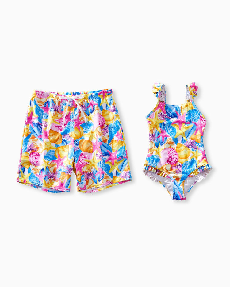 Daddy & Daughter Seashell & Starfish Print Swimsuits Ruched One-Piece & Swim Trunks Set Multi-color