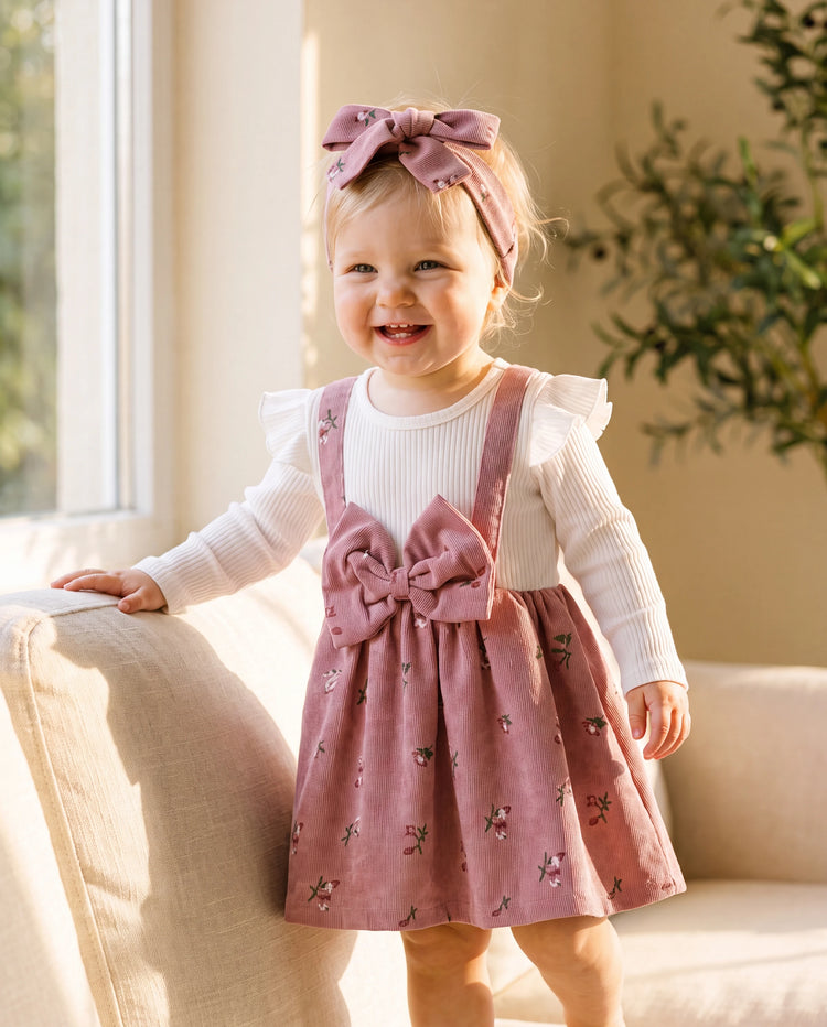 2pcs Baby Girl Floral Print Combo Dress with Headband Set ColorBlock