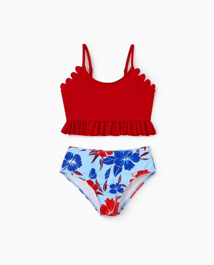 Conjunto de bikini con estampado floral para niña pequeña, perfecto para días de playa y fiestas en la piscina Rojo