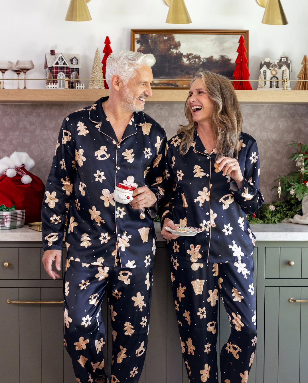 Christmas Matching Family Satin Pajamas Gingerbread Print Navy
