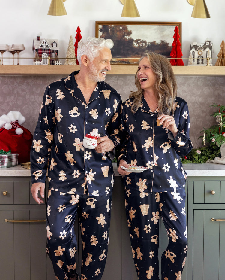 Christmas Matching Family Satin Pajamas Gingerbread Print Navy