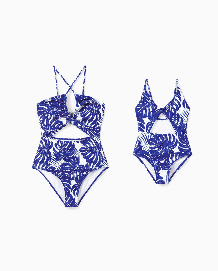 Maman et moi Maillot de bain une-pièce à bretelles croisées et découpe imprimé feuilles tropicales Bleu
