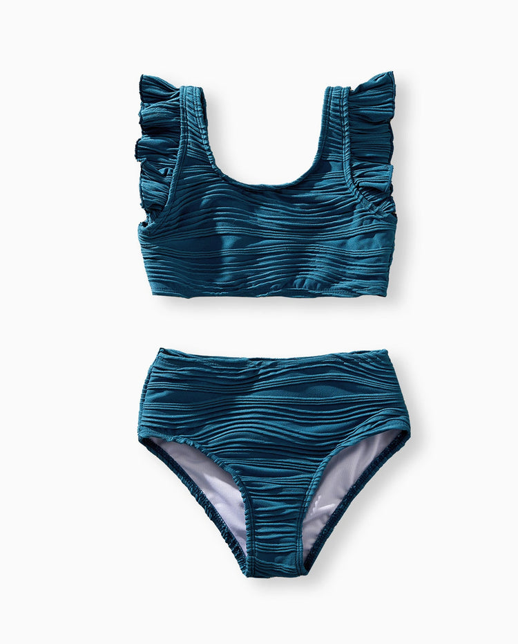 Bikini fruncido con rayas azul verdoso para niña pequeña Multicolor