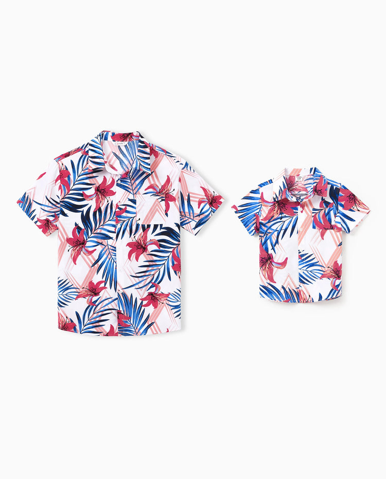 Daddy & Son Tropical Floral Outfits Pink Blue Leaf Print Short-sleeve Shirt Set for Vacation, Cruise, Beach White