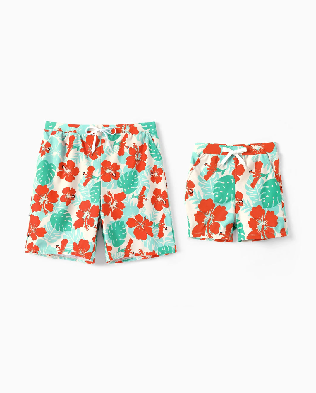 Daddy & Son Tropical Floral Print Swim Trunk or Ruffle Trim Bikini with Optional Beach Cover-Up Dress Orange