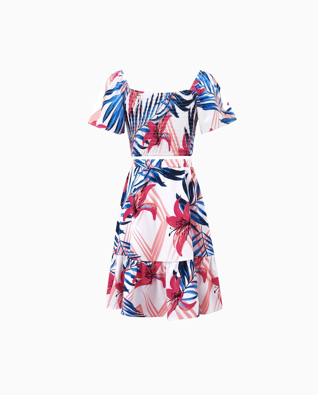 Tropisches Blumenmuster Kleinkinder/Mädchen Outfits, rosa-blaues Blattmuster Kurzarmhemd oder ein schulterfreies, gerafftes Oberteil und Rock Koordinationsset für Urlaub, Kreuzfahrt, Strand Weiß