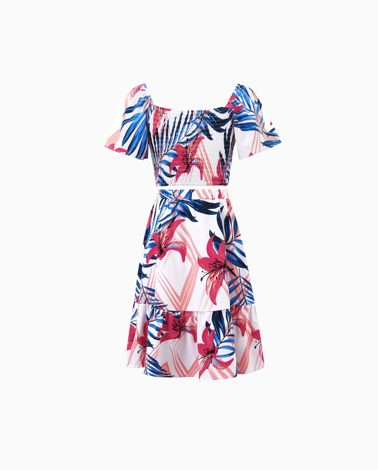 Tropisches Blumenmuster Kleinkinder/Mädchen Outfits, rosa-blaues Blattmuster Kurzarmhemd oder ein schulterfreies, gerafftes Oberteil und Rock Koordinationsset für Urlaub, Kreuzfahrt, Strand Weiß