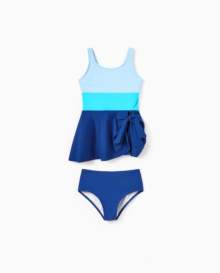 Vestido de baño de un solo hombro con bloques de color para niña pequeña Azul