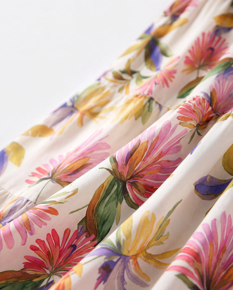 Family Matching Sets Tropical Floral V-Neck Dress & Short Sleeve Tee with Adjustable Straps Deep White Apricot