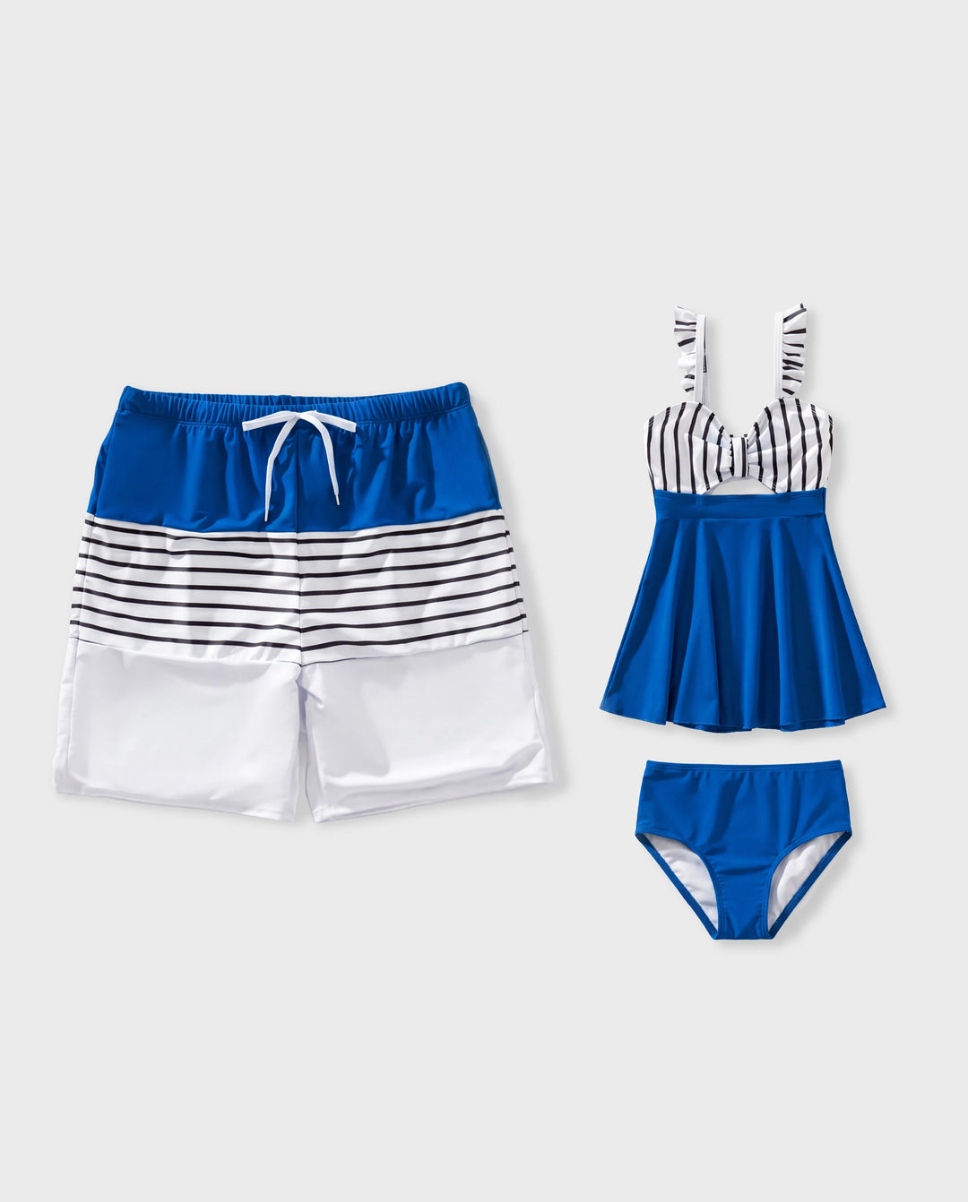 Daddy & Tochter Badeanzug Colorblock Badehose mit Tunnelzug oder gestreifter blauer Tankini mit gekreuztem Vorderteil, Bindeband am Rücken und dünnen Trägern Colorblock