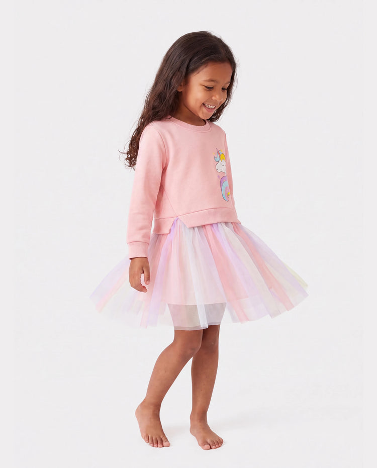 Toddler Girl Sweet Faux-two Unicorn Print Mesh Splice Fairy Dress Pink