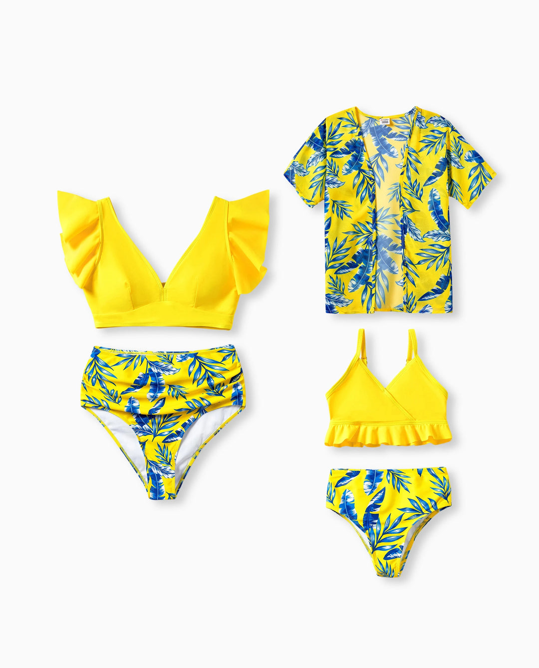 Mama & ich Gelber Blattdruck gerafftes Bikini mit flatternden Ärmeln und optionalem Badeüberwurf Gelb