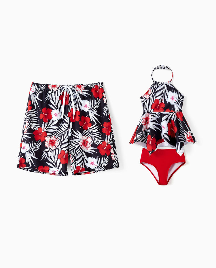 Daddy & Daughter Tropical Floral Swim Trunk or  2 Pieces Halter Swimsuit Black
