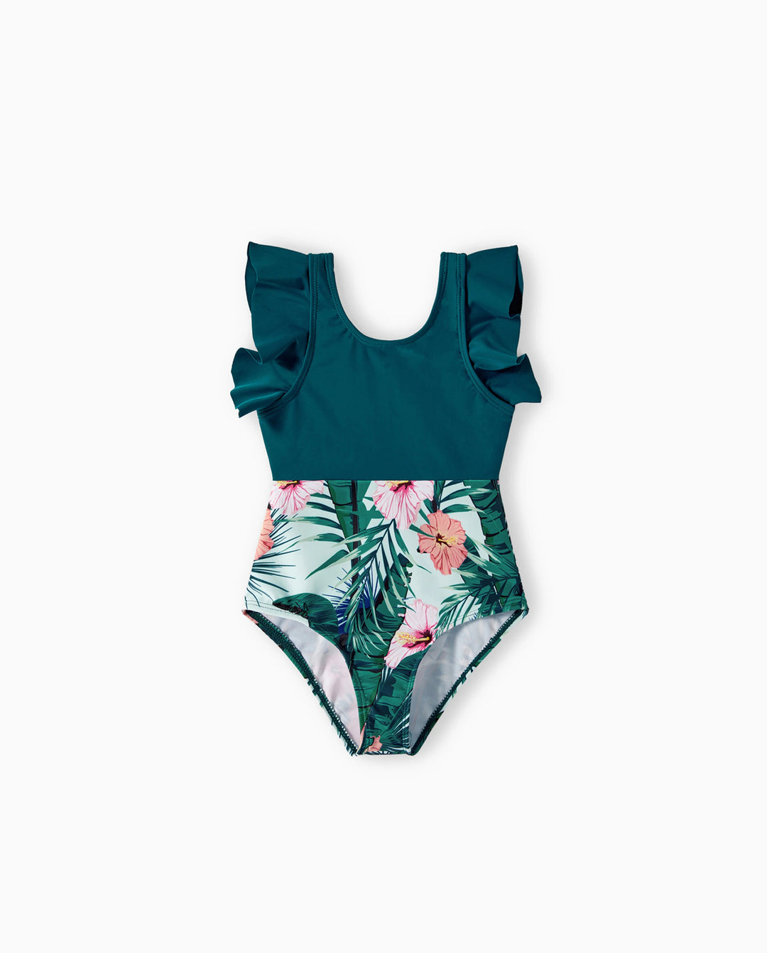 Traje de Baño o Bañador de Una Pieza para Niña Pequeña con Estampado de Plantas y Volantes Verde