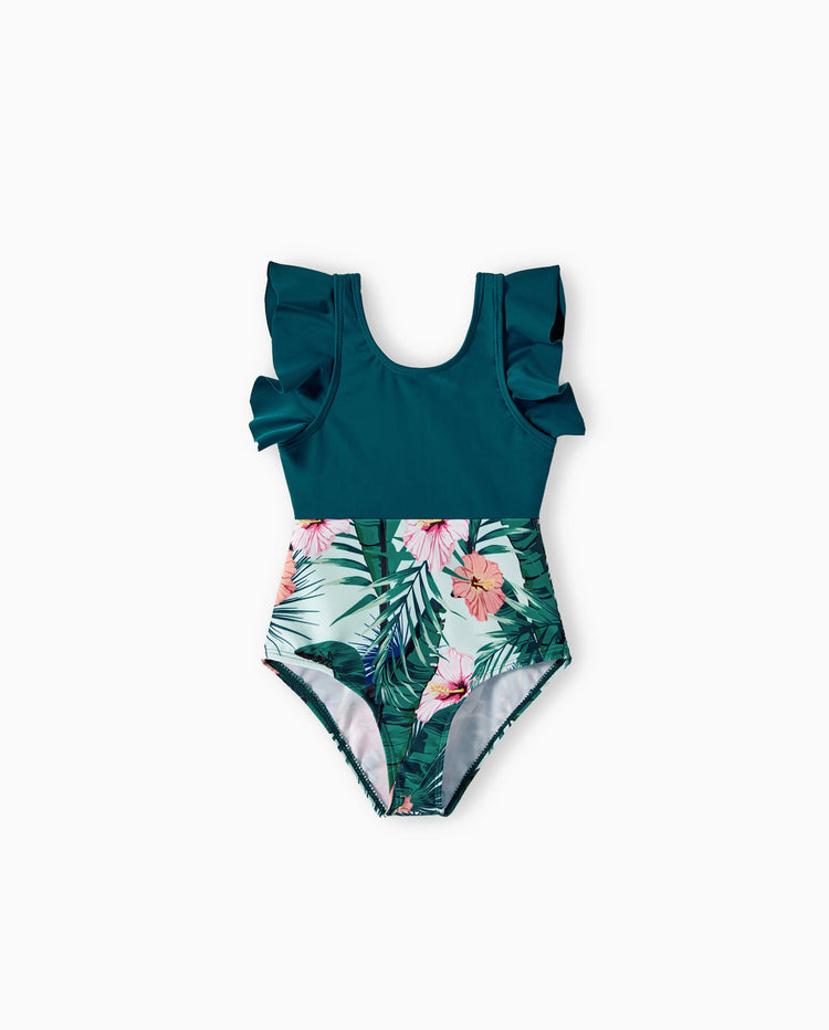 Traje de Baño o Bañador de Una Pieza para Niña Pequeña con Estampado de Plantas y Volantes Verde