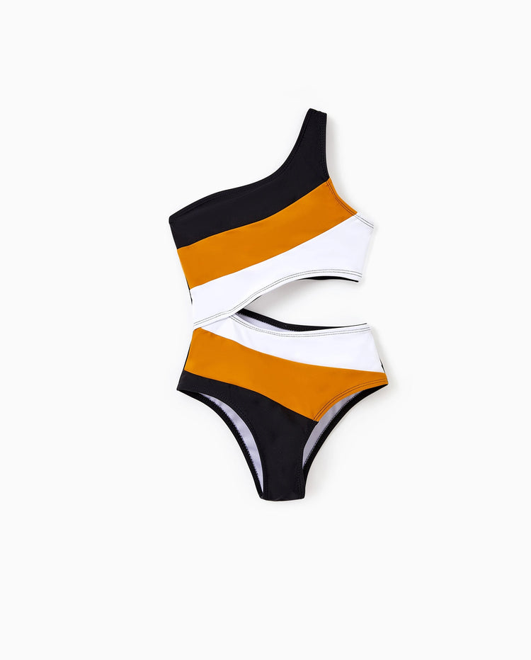 Toddler Girl Colorblock Cut Out Waist One-Shoulder One-piece Swimsuit Multi-color