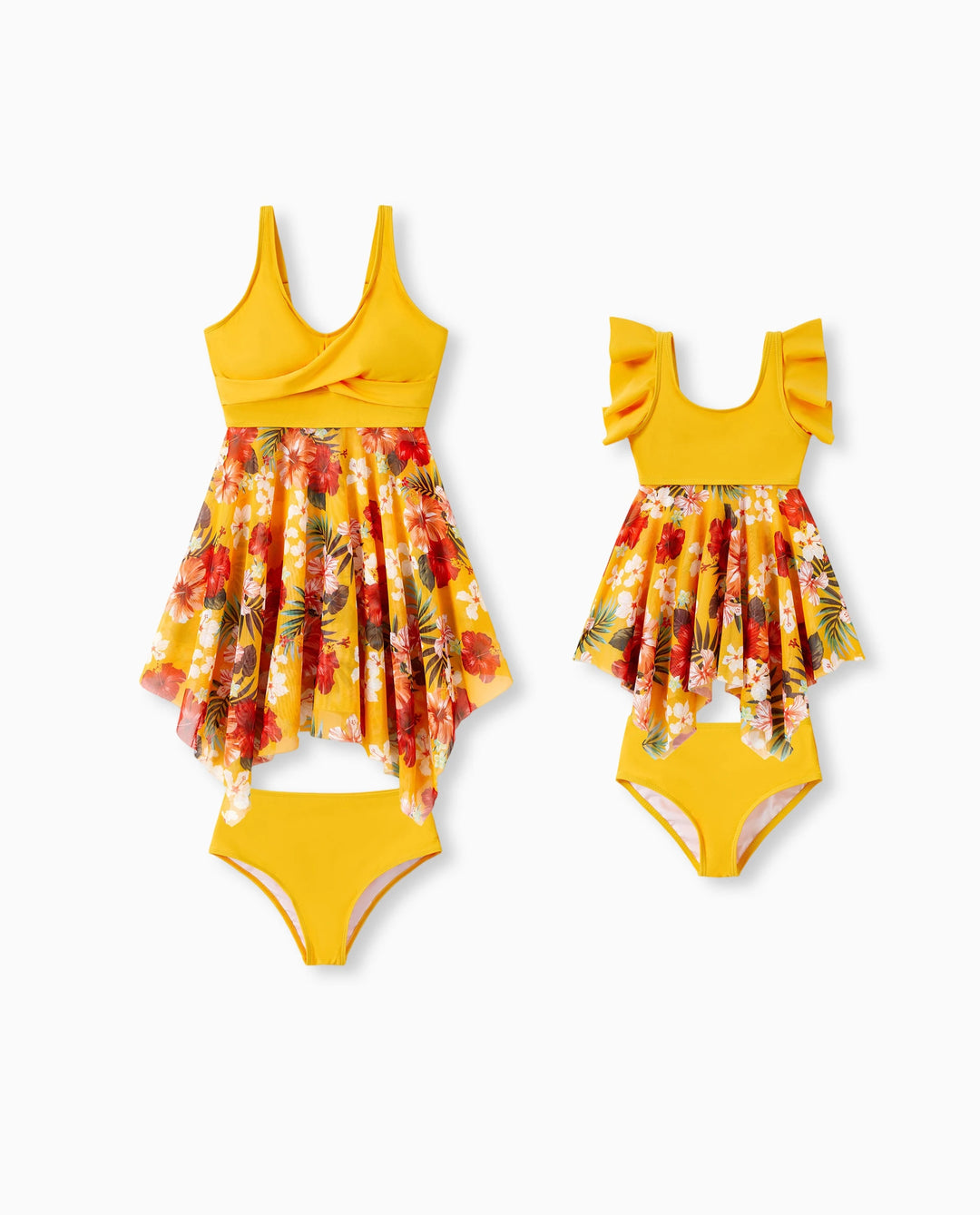Mommy & me Floral Drawstring Flowy Spliced Mesh Swim Dress with Triangle Swim Bottom Yellow