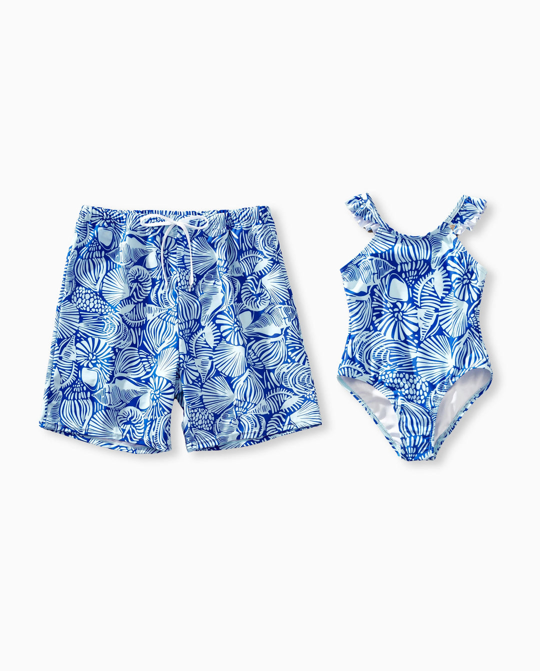 Traje de baño con estampado de conchas para papá e hija Bikini floral de dos piezas y set de shorts para mamá, papá y niños, perfecto para días de playa y fiestas en la piscina azul