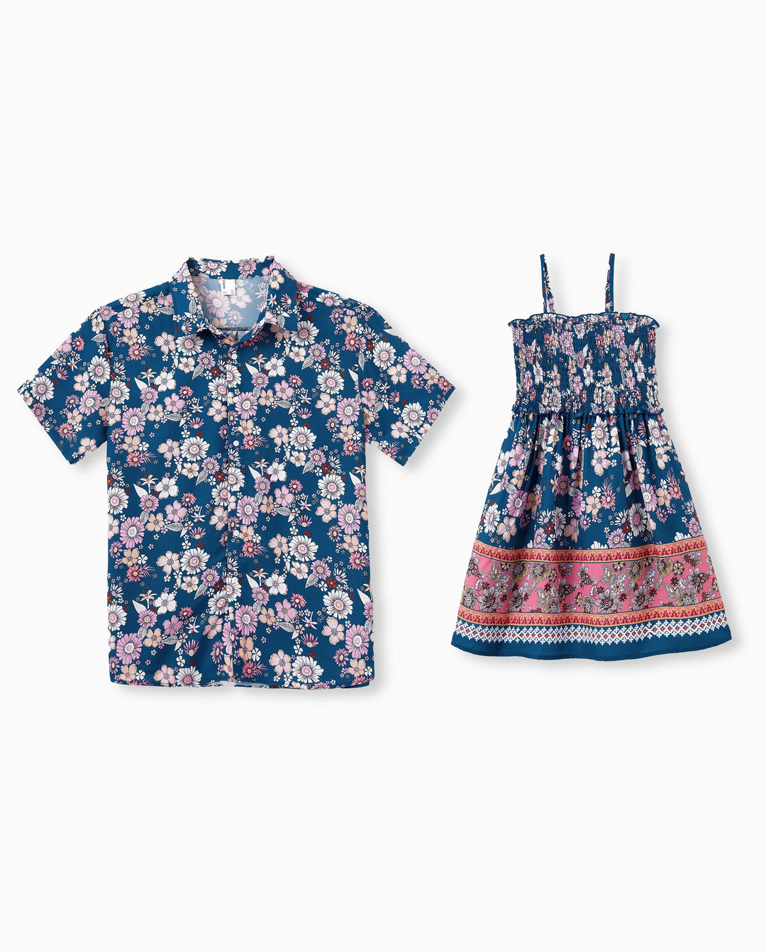 Papa & Tochter Outfits Blumen-Allover-Druck Kurzarm-Hemd mit Kragen oder Neckholder-Ärmelloses Kleid für Sommerurlaub CYAN-