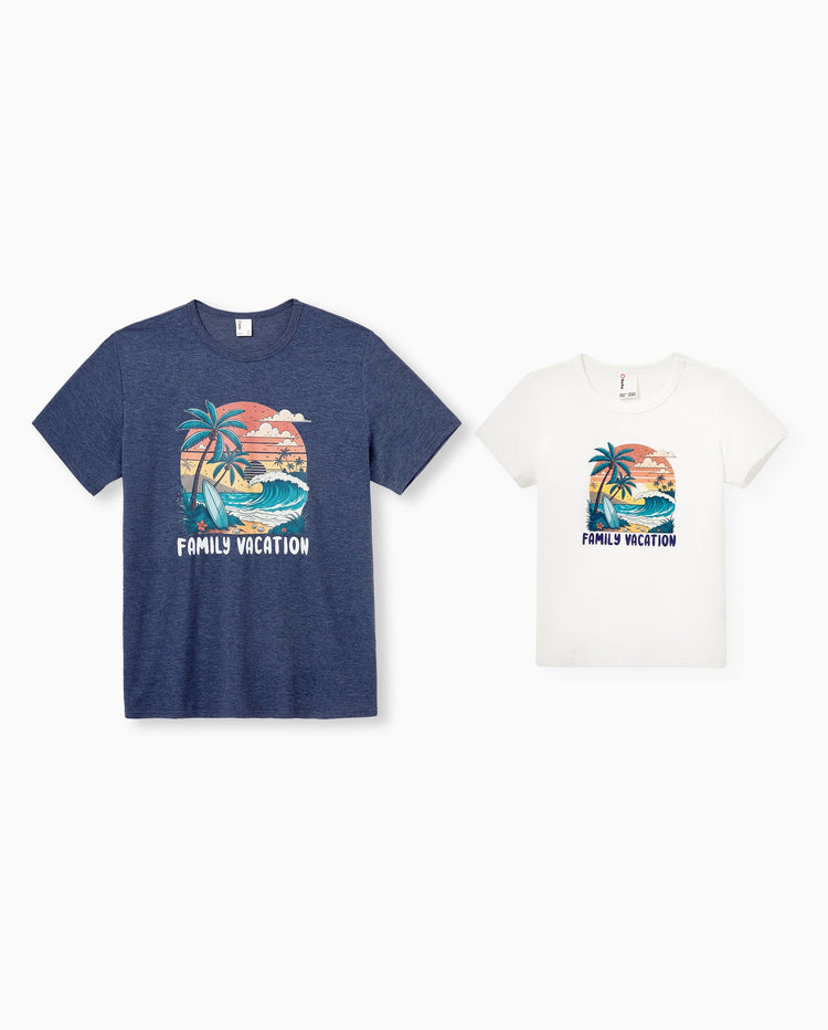 Camisetas de algodón con gráfico "Vacaciones en familia" para papá e hijo Camiseta con estampado tropical de surf Multicolor