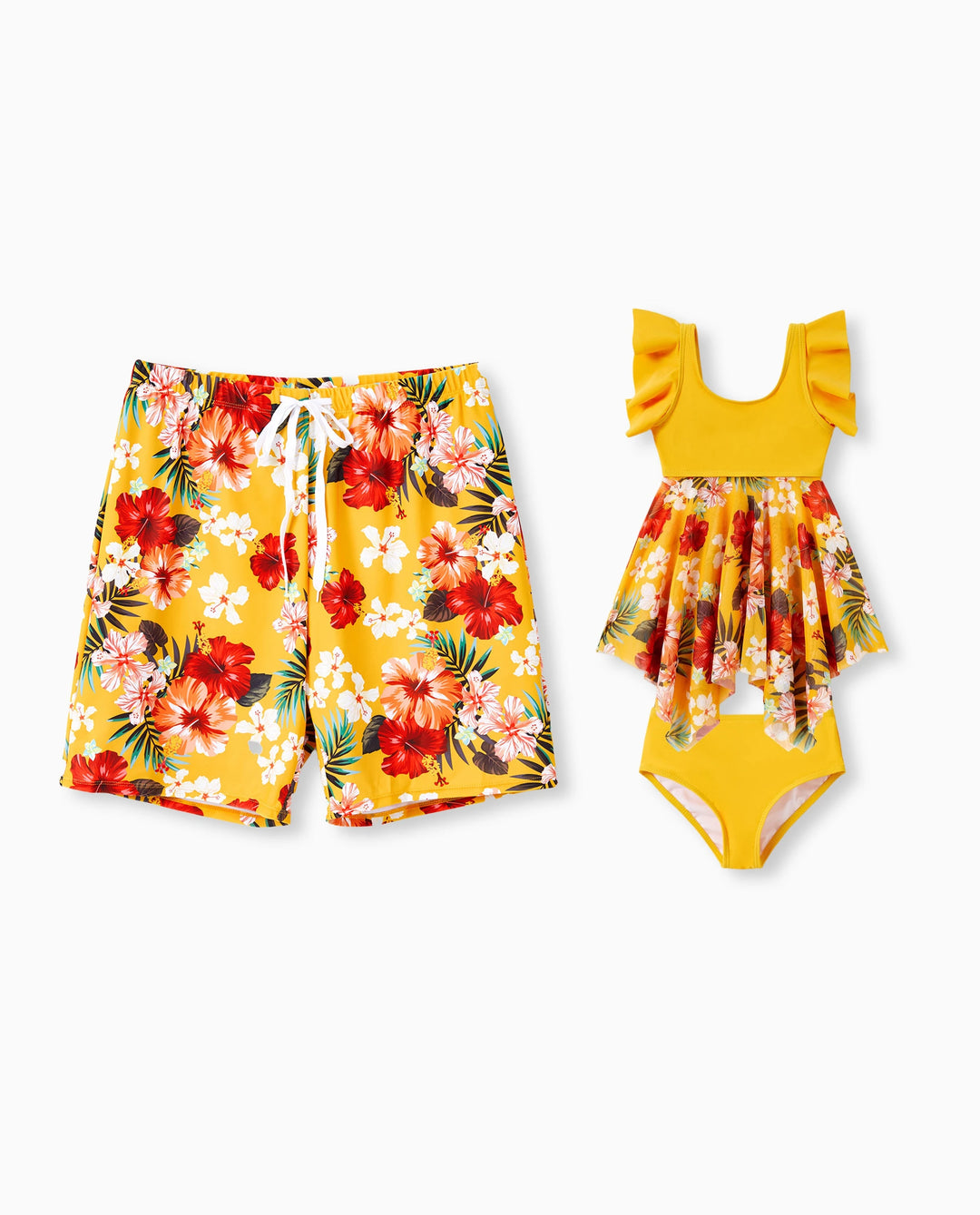 Daddy & Tochter Blumenmuster Badeshorts mit Kordelzug oder Fließendes Zusammengesetztes Mesh Badeanzugkleid mit Dreieck Badehose Gelb