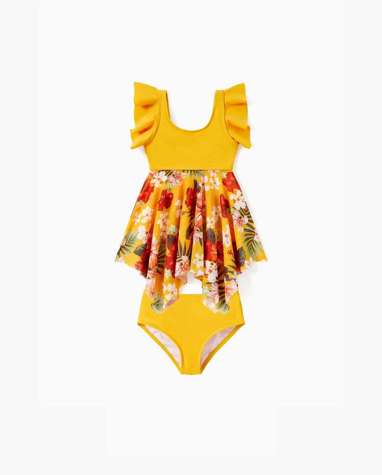 Vestido de baño floral con cordón, fruncido, malla combinada y parte inferior de triángulo para niña pequeña Amarillo