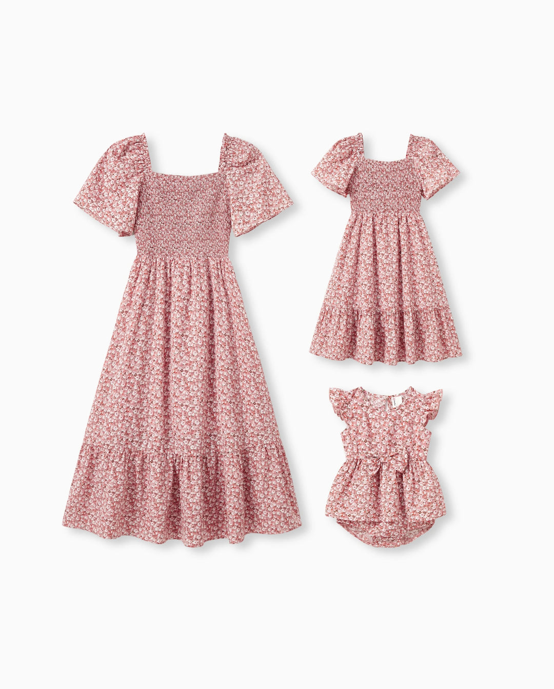 Conjunto Mamá y Yo Vestido con Fruncido, Mangas Abullonadas y Estampado Floral Azul y Rosa