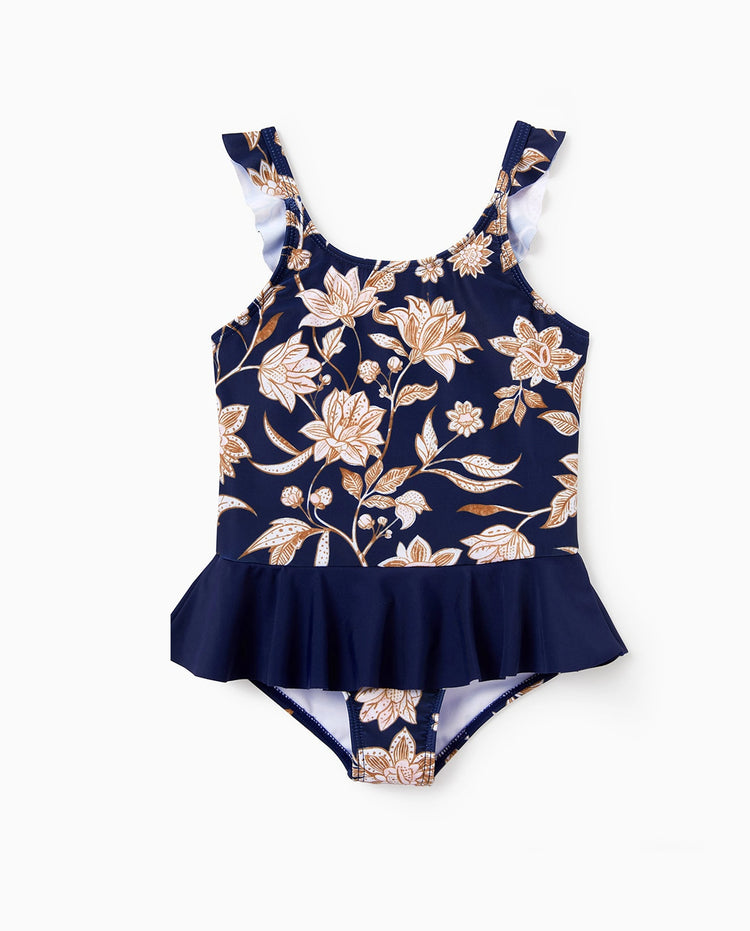 Bañadores con estampado floral para niña pequeña 2 en 1 de una pieza Azul profundo