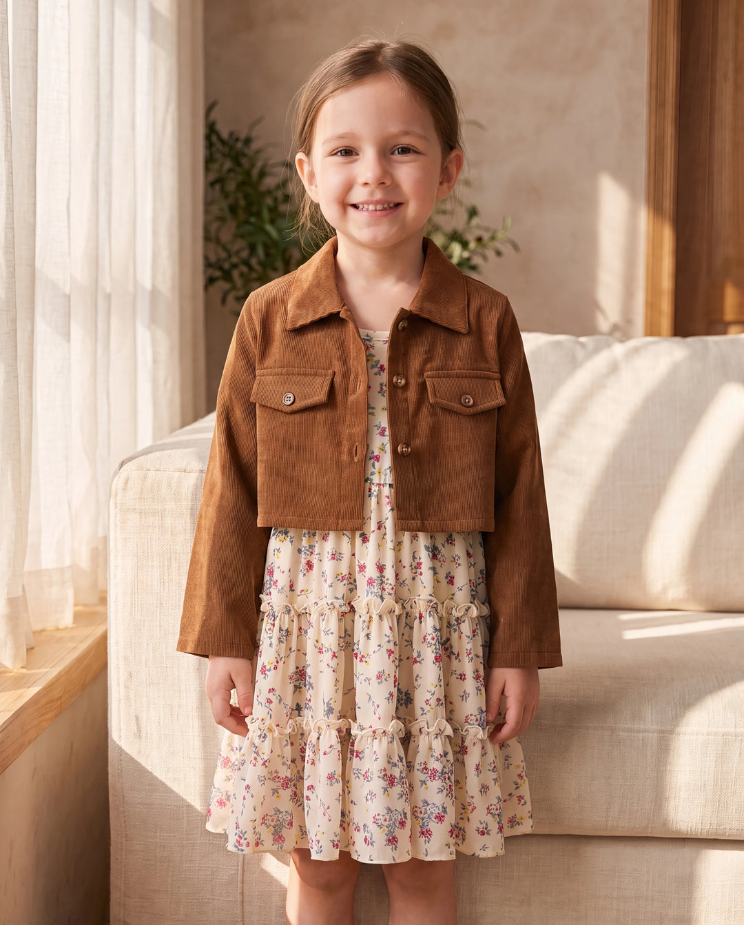 Kleinkind Mädchen 2pcs Reverskragen Jacke und florales Rüschenkleid Set khaki