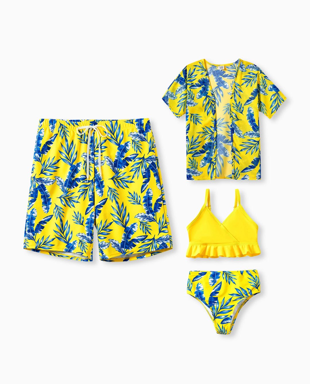 Bañadores con estampado de hojas amarillas o bikini con mangas de volantes fruncidas y cubierta opcional para papá e hija Amarillo