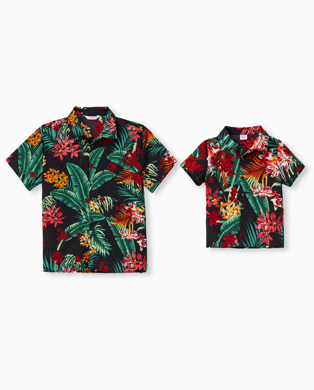 Conjuntos familiares a juego para papá y yo Vestidos halter con estampado floral de plantas por completo y conjuntos de camisas de manga corta Negro