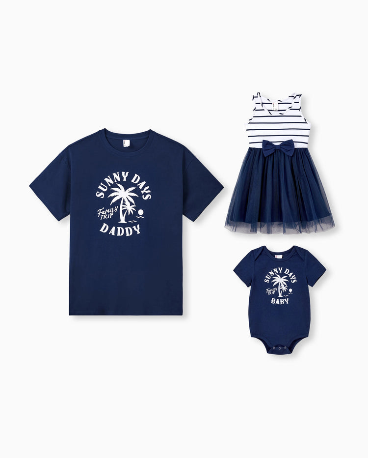 Daddy & Daughter Cotton T-Shirt & Dress Set – Sunny Days Palm Print for Dad, Mom, Baby & Toddler, Perfect for Summer Vacations & Family Outings Tibetan blue