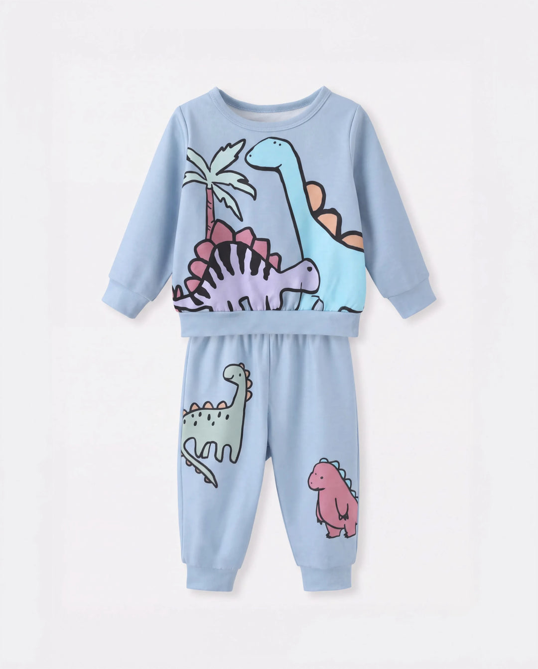 Baby Boy Clothes 2pcs Dinosaur/ Vehicle Print Sweatshirt and Pants Set Blue grey