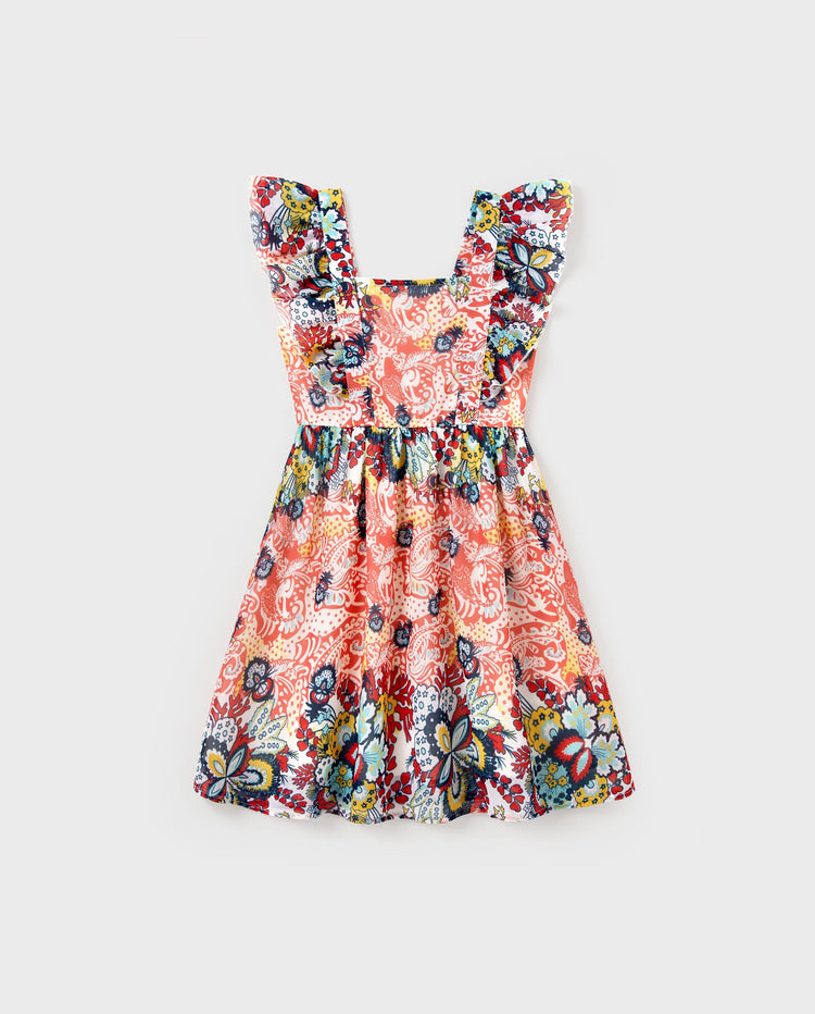 Toddler/Kid Girl Floral Print Flutter Sleeveless Dress Orange red