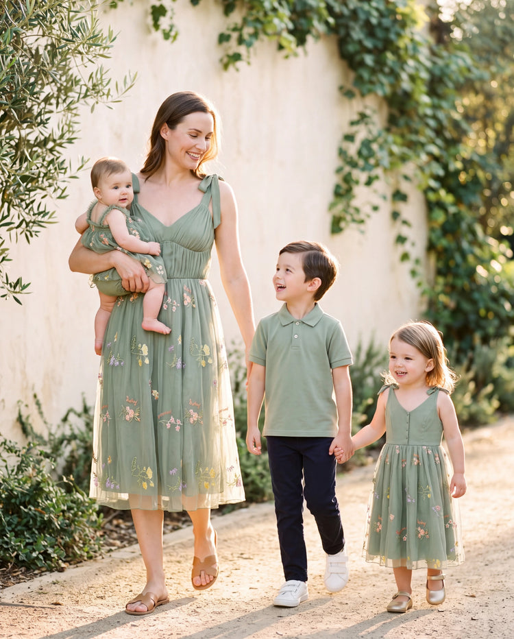 Mommy & me Polo Collar Short-sleeve Shirt or V-neck Strappy Mesh Dress Green
