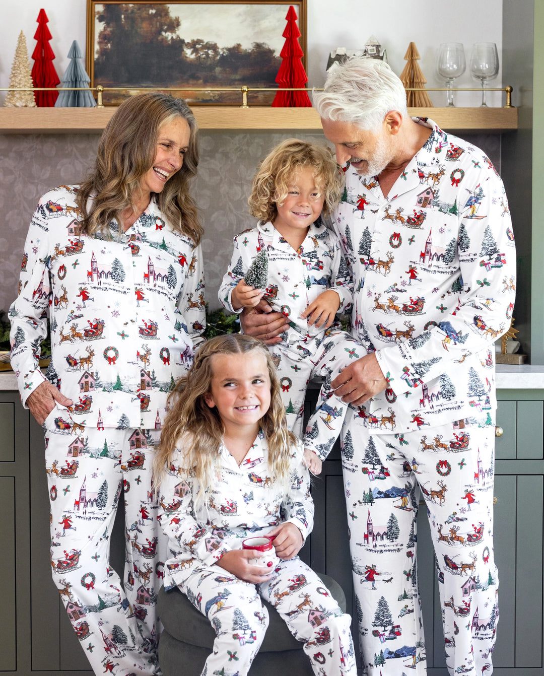 Christmas Matching Family Pajamas Xmas Village Print White