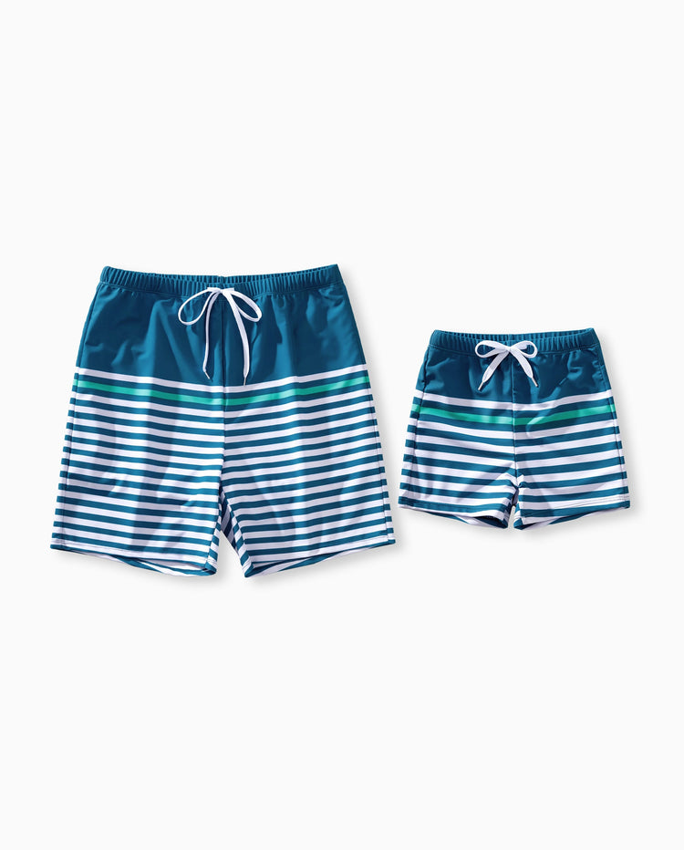 Trajes de baño a rayas azul verdoso para papá e hijo Conjunto de bikini fruncido y bañadores Multicolor