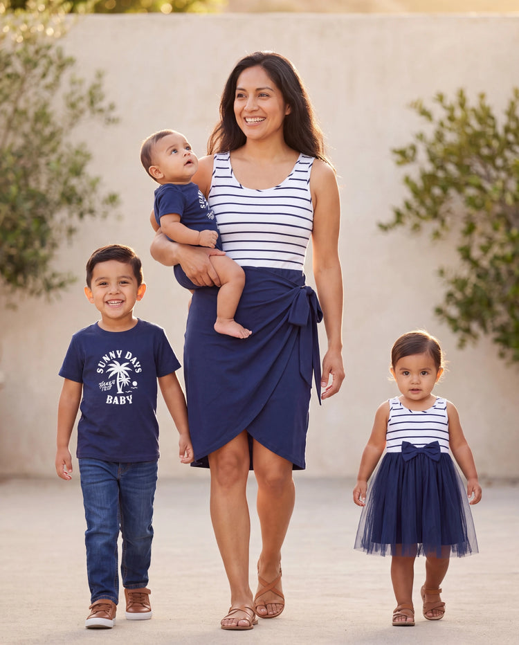 Ensemble t-shirt en coton et robe Mommy & me – imprimé palmiers Sunny Days pour papa, maman, bébé et tout-petit, parfait pour les vacances d'été et les sorties en famille, bleu tibétain