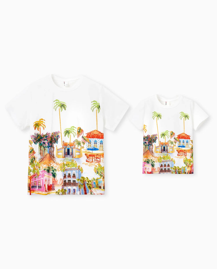 Daddy & Son Vacation Set Tropical Pineapple Coconut Tree Print Short-sleeve T-shirt or Hollow out Strap Dress for Summer Vacation White