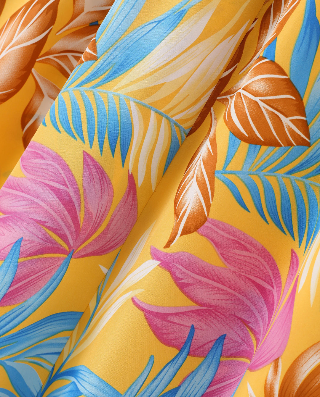 Family Matching Yellow Set Tropical Leaf Print Short-sleeve Shirt or Strap Dress Yellow