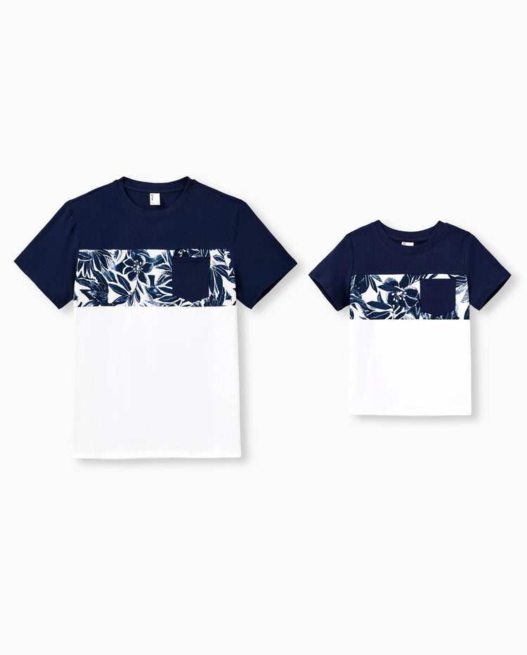 Ensemble assorti famille Papa et Moi : T-shirt en coton avec imprimé floral ou robe débardeur Bleu foncé