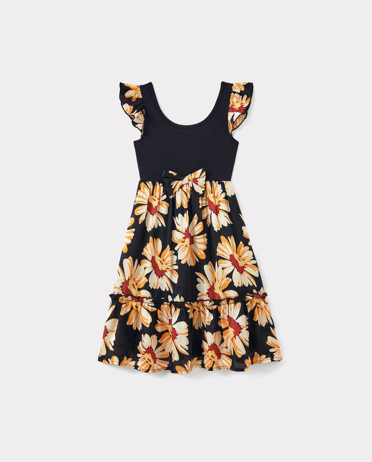 Toddler/Kid Girl Set Floral Sleeveless Strappy Dress Black