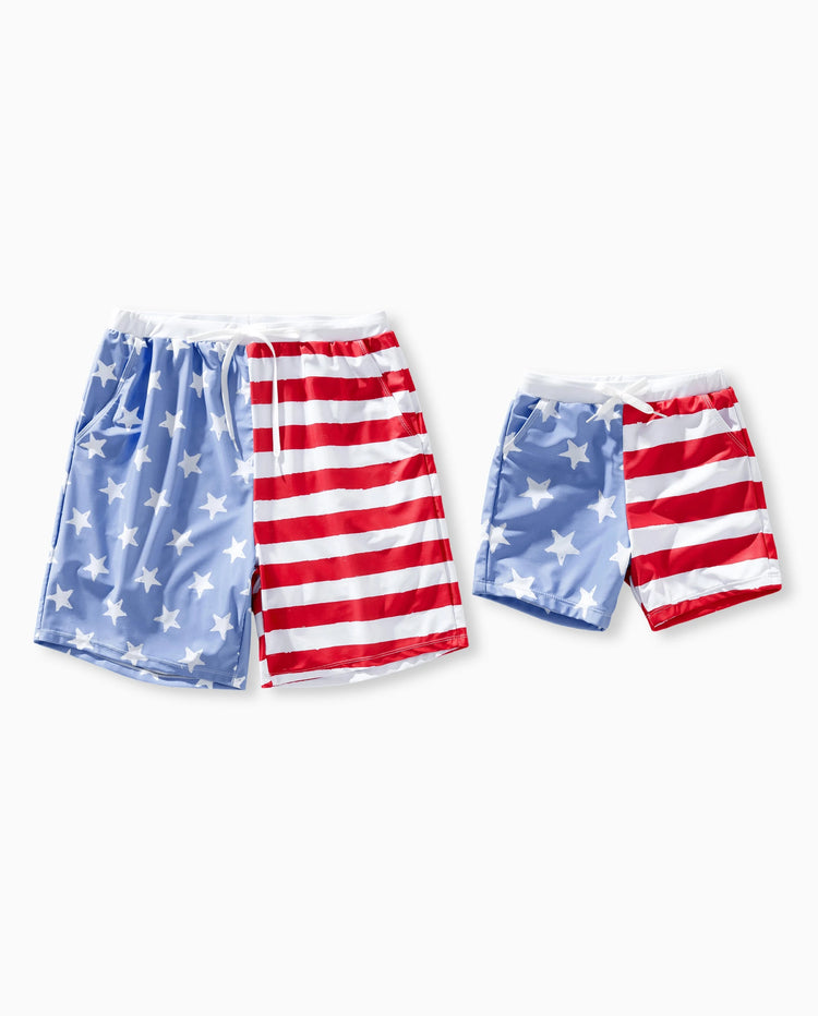 Independence Day 4th of July Daddy & Son Patriotic Swimwear Stars and Stripes Board Shorts Blue