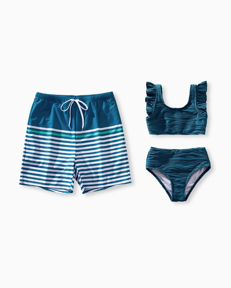 Maillots de bain rayés bleu sarcelle Papa & Fille Ensemble bikini froncé & short de bain Multicolore