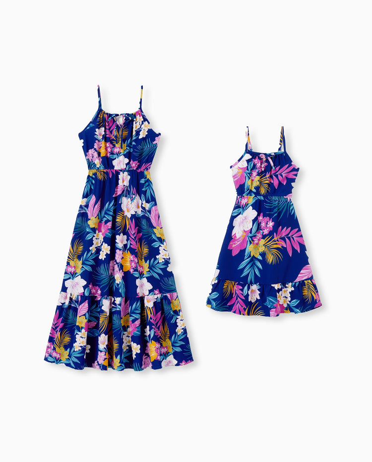 Mommy and Me Matching Family Hawaiian Outfits Tropical Floral Print Strap Dress or Short-sleeve Shirts & Shorts Set Summer Beachwear Set for Vacation  Deep Blue