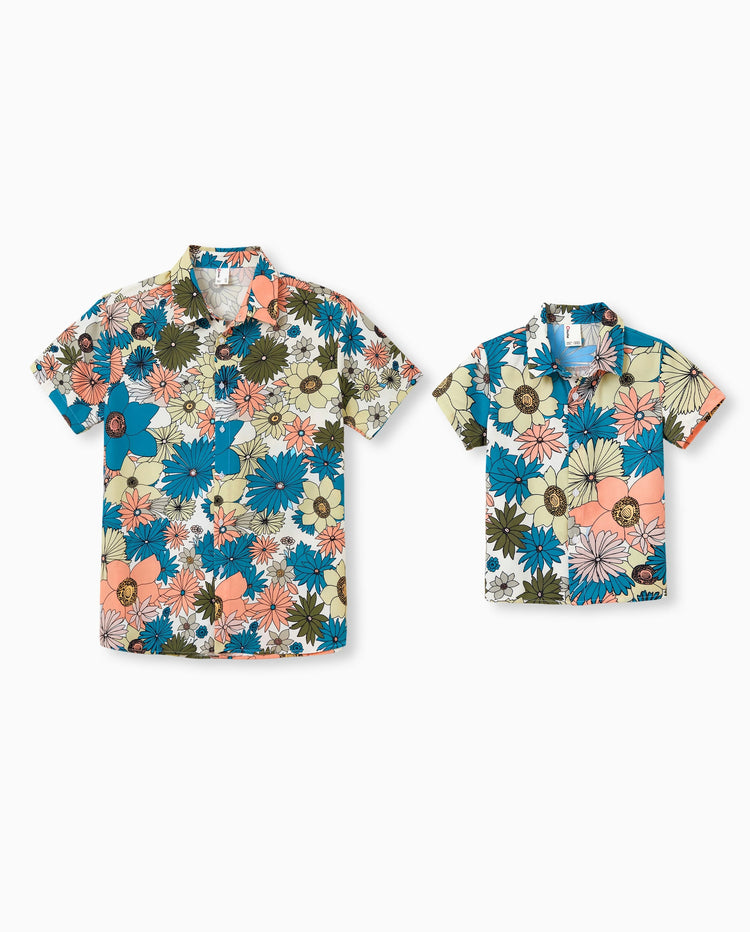 Daddy & Son Set Sun Flower Print Short-sleeve Collar Shirt for Summer Vacation Multi-color